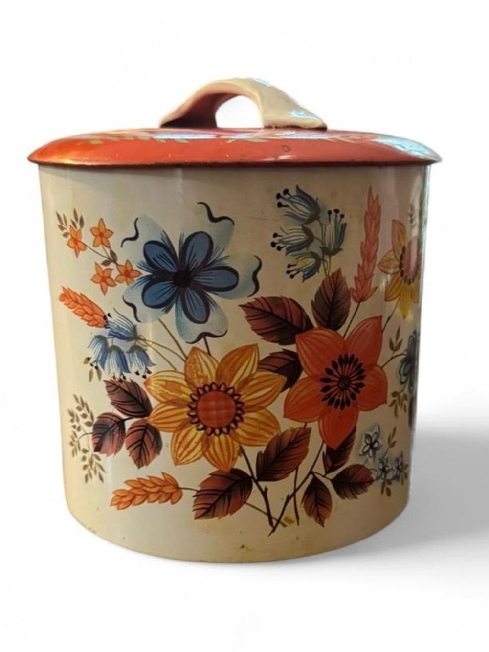 Floral Metal Storage Canister - Cream with Orange & Blue Flowers